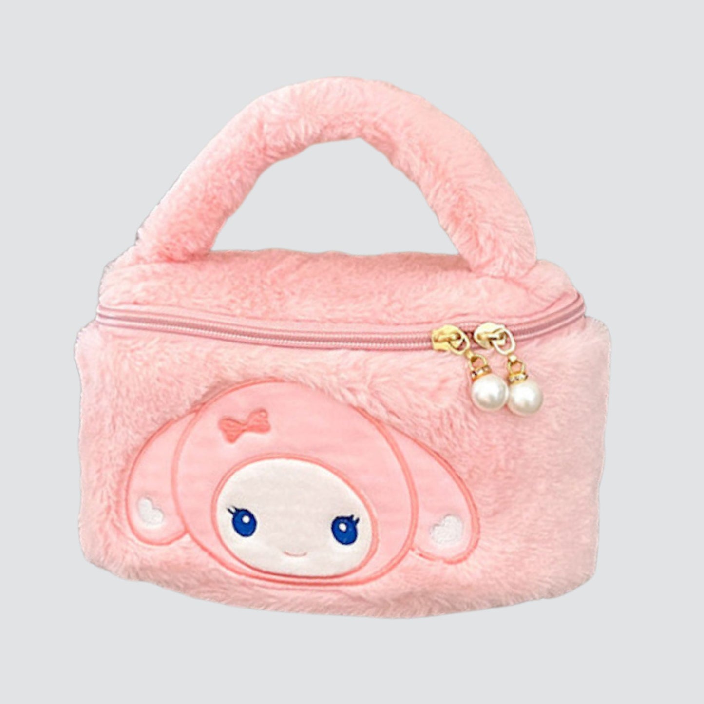 Peach Plush Pouch with handle and printed character