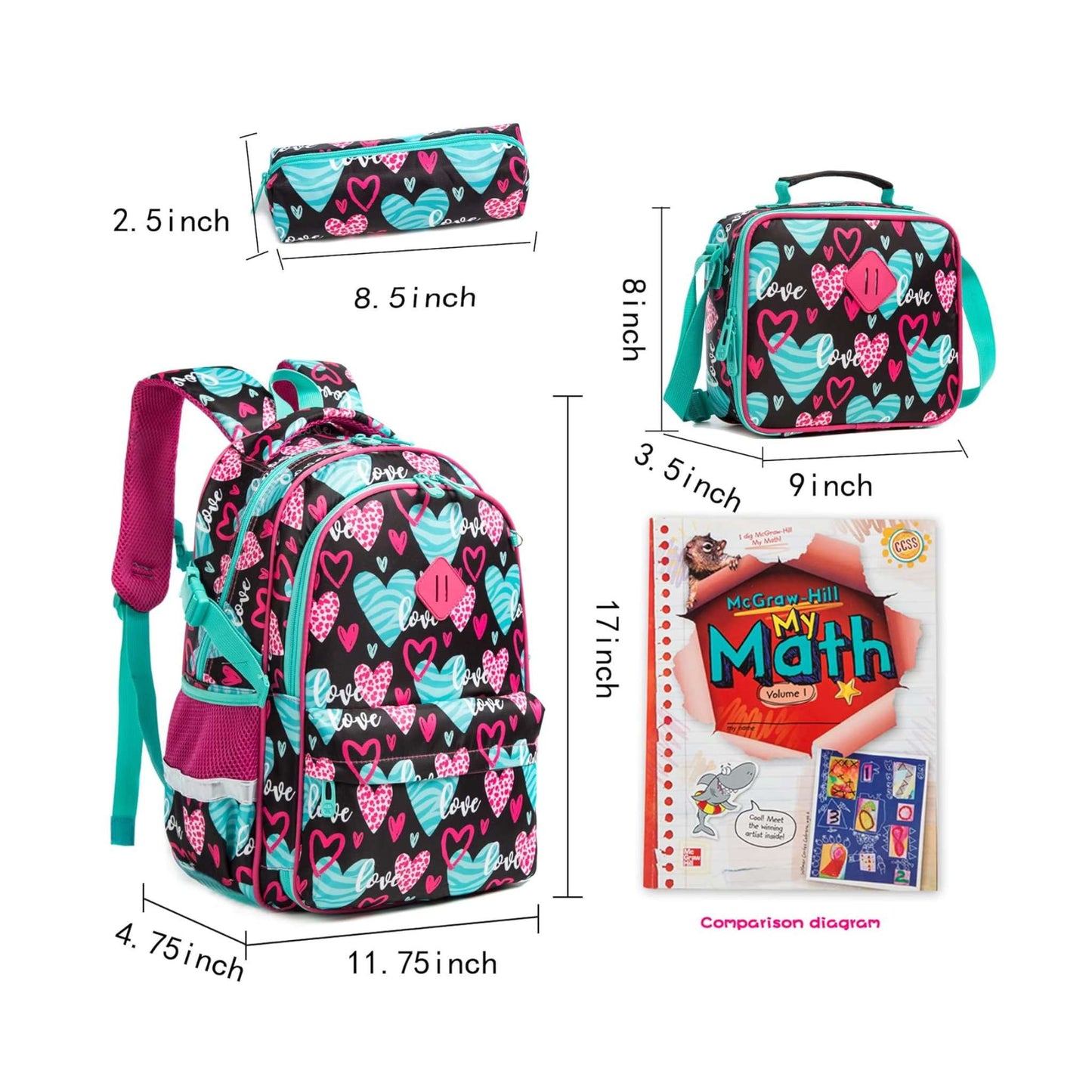 Heart Print 3-Piece Backpack Set