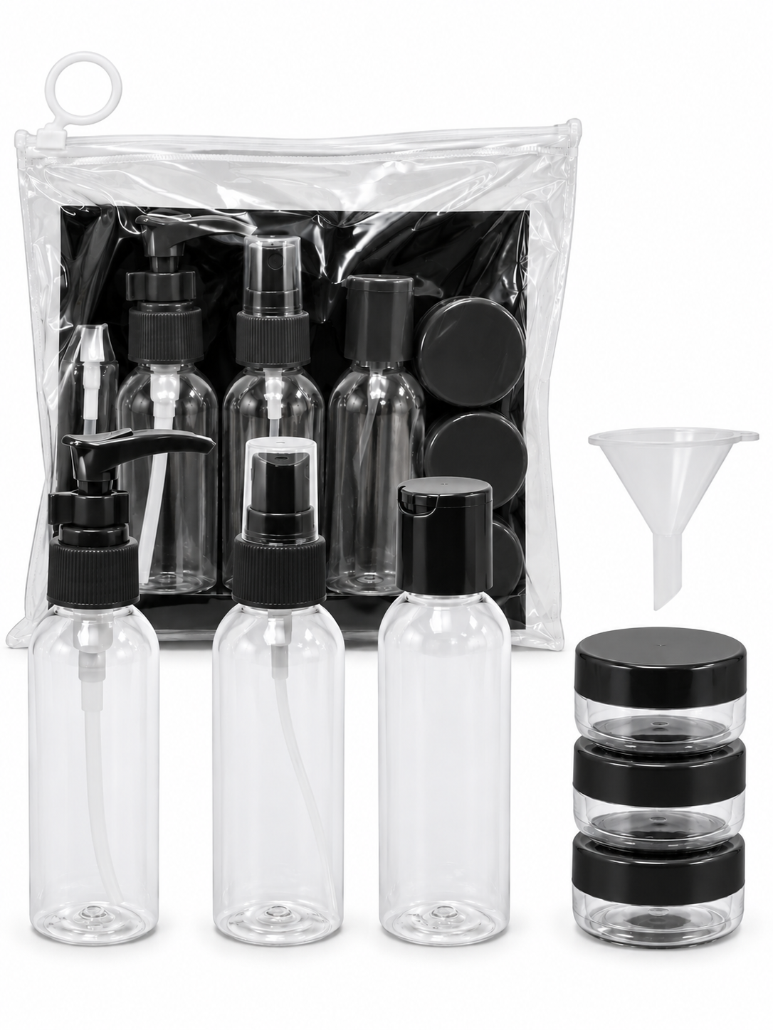 Clear Refillable Travel Toiletry Bottle & Container Set with Storage Pouch