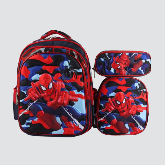 Red and black camo print detachable trolley backpack set with pencil case and lunch bag