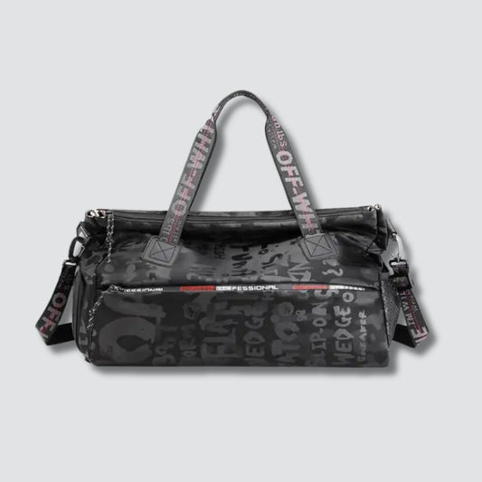 Black graphic duffel bag