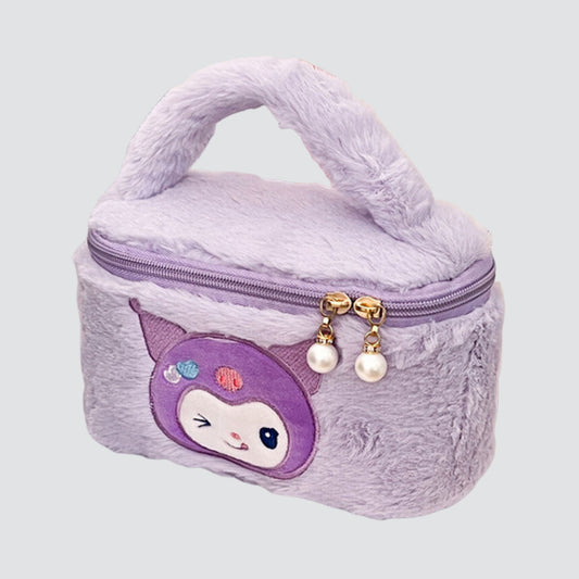 Purple Plush Pouch with Handle and Printed character 