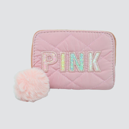 Peach, PINK branded Mini Wallet with Fur Ball