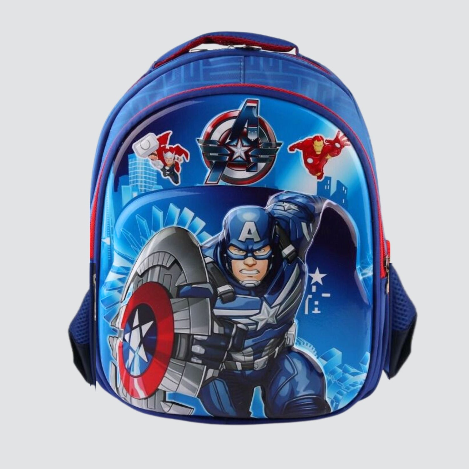 Captain america running with shield blue and red backpack