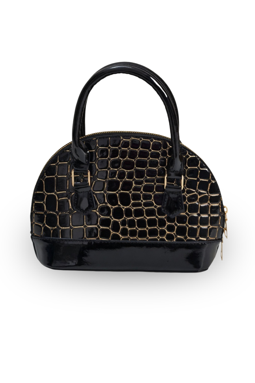 Croc-Texture Dome Handbag with Gloss Finish & Strap