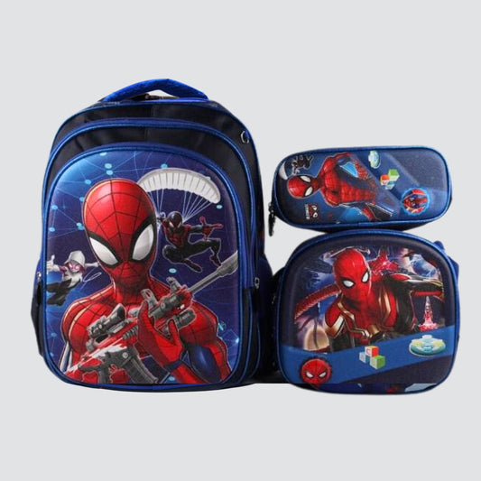 Red spiderman holding a gun , black and blue character backpack
