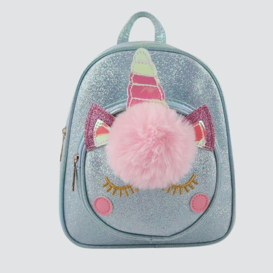 Blue Sparkly Mini Backpack With Unicorn Face