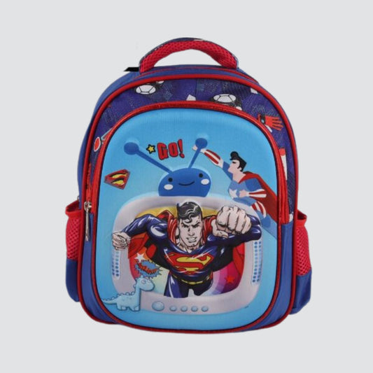 Superman soaring into the sky blue and red backpack