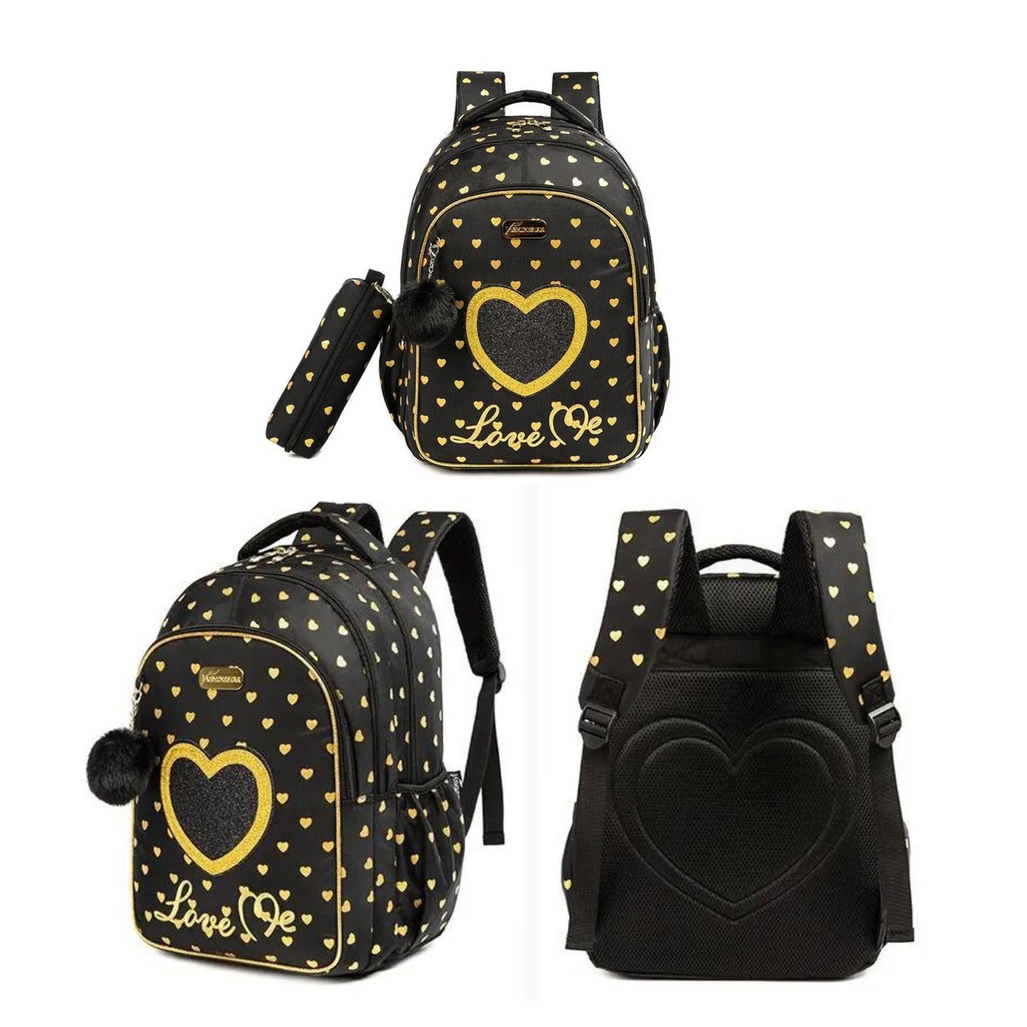 Black & Gold Love 3 Piece Backpack Set