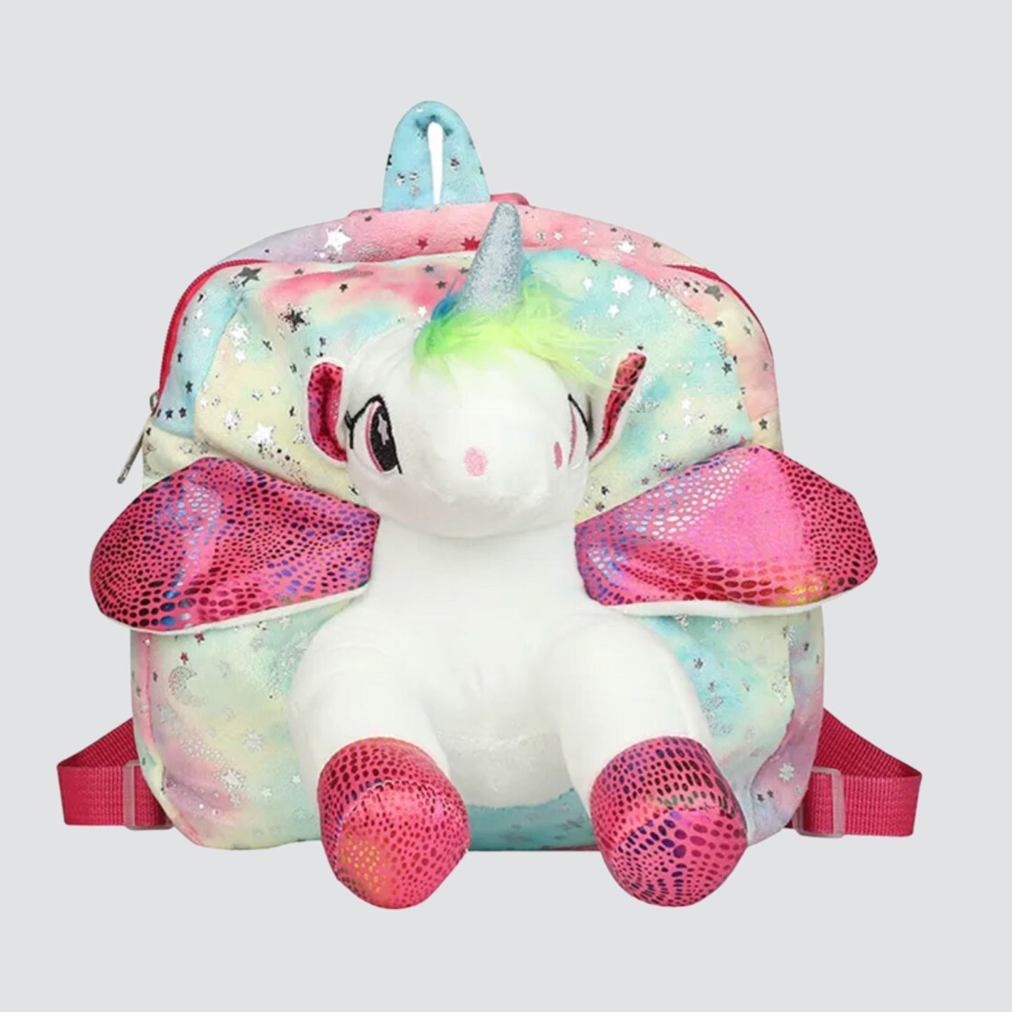 Pink Plush Unicorn Backpack with Silver Star  Details