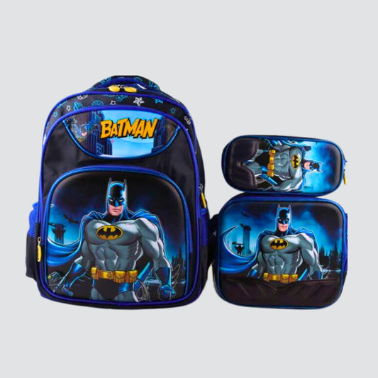 Blue and black detachable 3 piece batman character set with book bag , pencil case and lunch bag