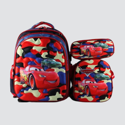 Red Camo cars back pack with detachable trolley backpack with pencil case and lunch bag