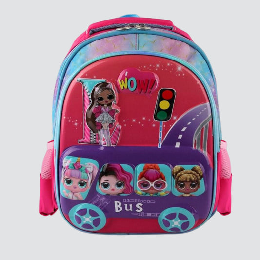 Lol characters on a bus in pink and blue backpack