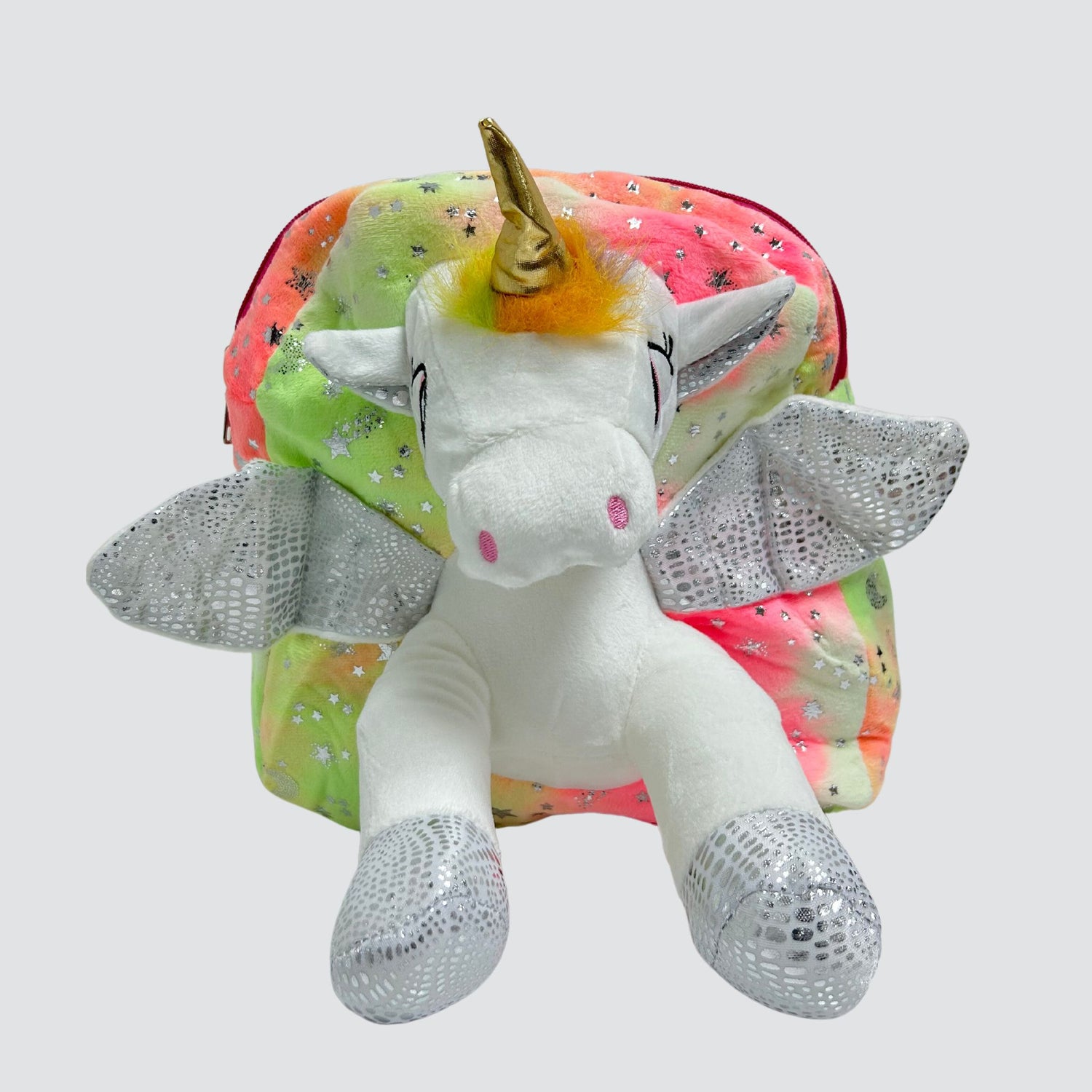 Multi Coloured Plush Unicorn Backpack with Silver Star Details