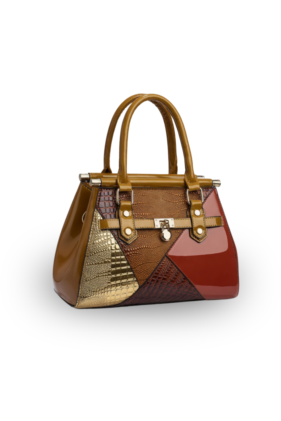 Elegant Patchwork Patent Tote Structured Handbag with Gold Accents