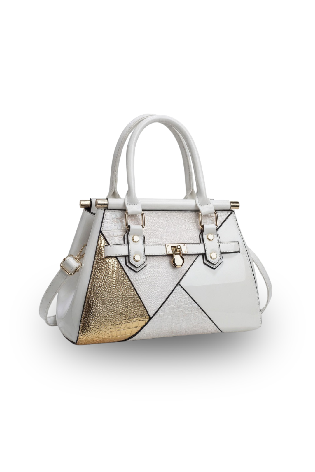 Elegant Patchwork Patent Tote Structured Handbag with Gold Accents