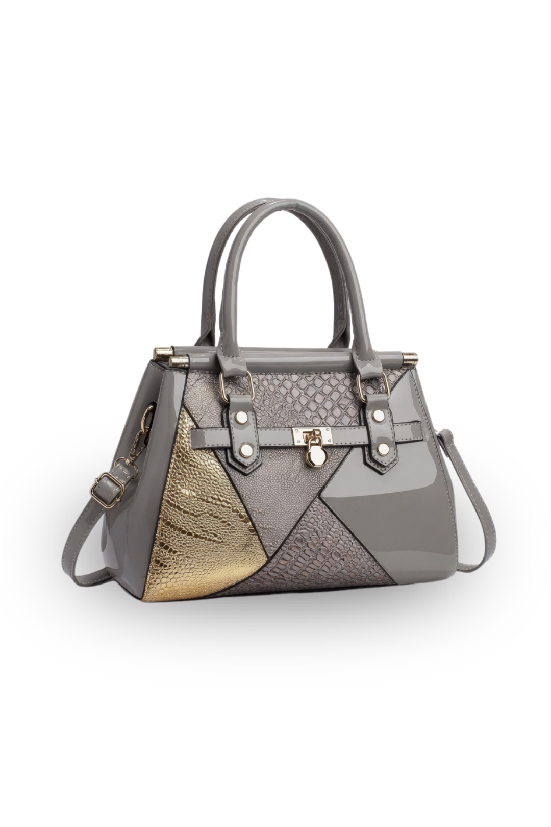 Elegant Patchwork Patent Tote Structured Handbag with Gold Accents