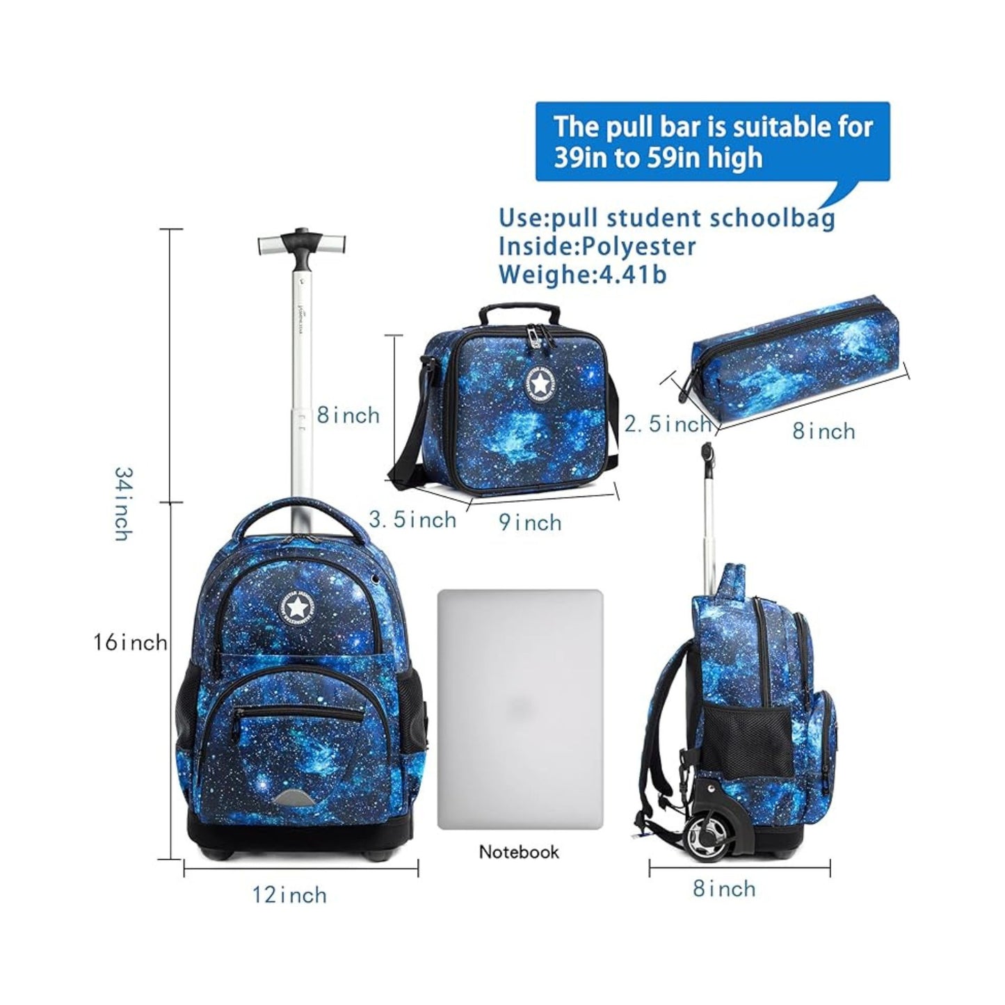 Blue Galaxy 3-Piece Trolley Backpack Set