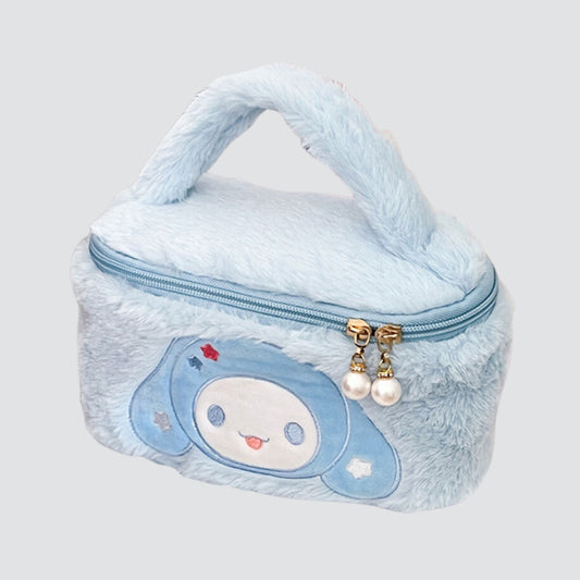 Blue Plush Pouch with handle and printed character